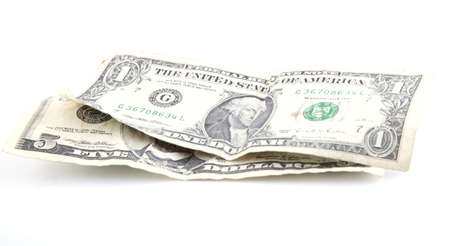 1 and 5 dollar bill on a white background.