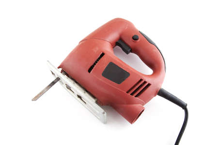Electric red saw on a white background.
