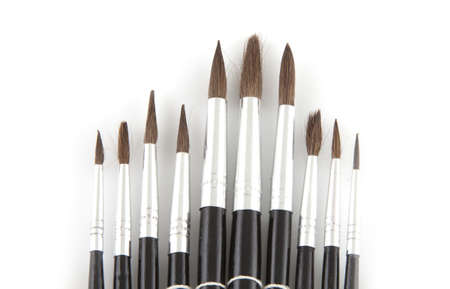 Multiple paint brushes on a white background.