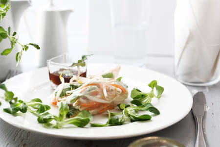 Vegetarian sprout rollsy with vegetables, carrots, radishes, tofu, mung bean sprouts in rice paper....