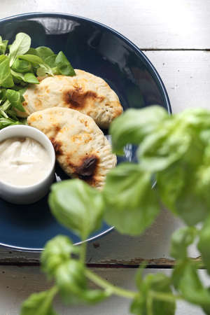 Appetizer. Crunchy stuffed calzone with garlic yoghurt sauce.