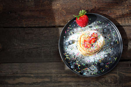 Traditional home-made pancakes, sweet, nutritious breakfast. horizontal frame, top viewの写真素材