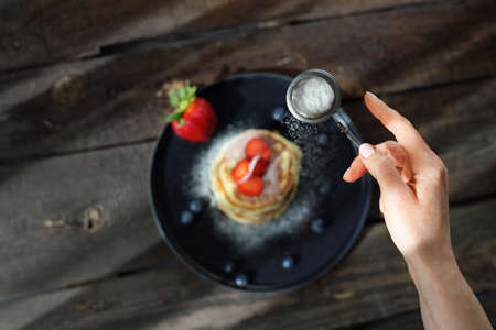 Traditional home-made pancakes, sweet, nutritious breakfast. horizontal frame, top viewの写真素材