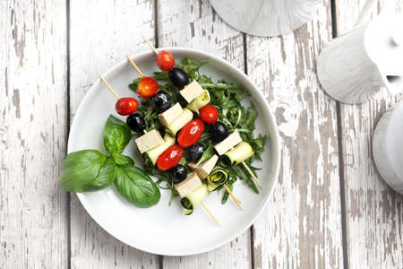 Easy to digest vegetable appetizer, Greek style shashlik. Horizontal composition, top viewの写真素材