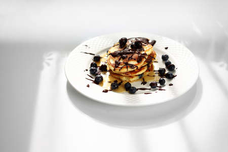 Traditional home-made pancakes, sweet, nutritious breakfast. horizontal frameの写真素材
