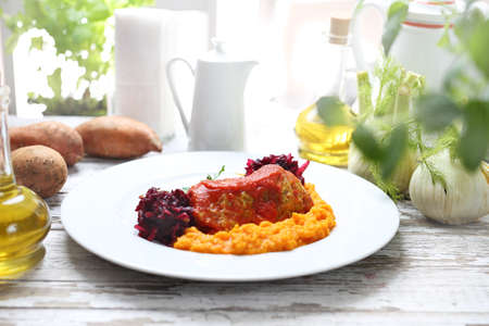 Food, an appetizing dinner dish served on a plate. Healthy diet.の写真素材