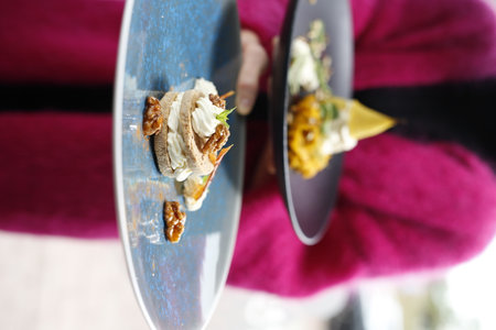 Peanut cookie with mascarpone cream. Food, a tasty dish served on a plate. A proposal for an application. Culinary photography.の写真素材