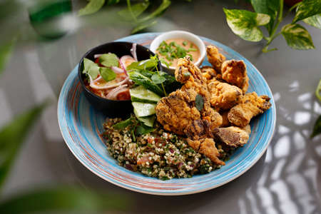Fried tofu with porridge and salad. Colorful tasty vegetarian dish served on a blue plateの写真素材