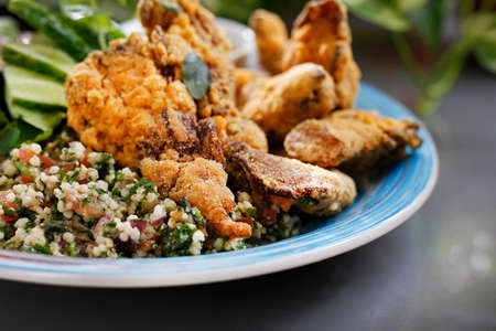 Fried tofu with porridge and salad. Colorful tasty vegetarian dish served on a blue plateの写真素材