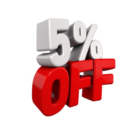 five Percent Automatic Reduction. 3d text for 5% OFF in red and white angled obliquely away from camera isolated on whiteの写真素材