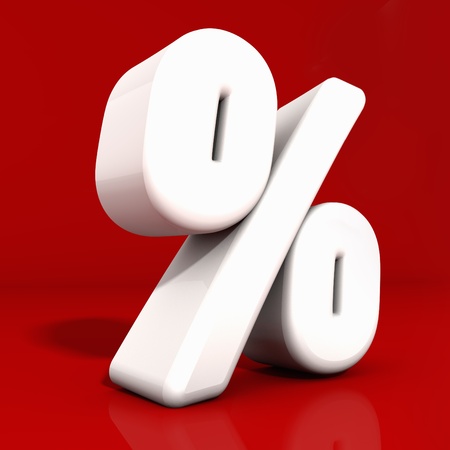 3d white percentage icon with rounded edges and reflection obliquely angled on redの写真素材