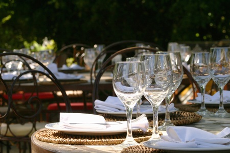 Banquet table in South afrika with glasses and napkins under a big treeの写真素材