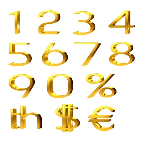 3d set of gold numerals, percentage and currency symbols for pound, dollar and euro isolated on...