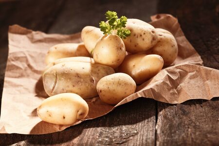 Farm fresh washed whole potatoes displayed on brown paper at a farmers marketの写真素材