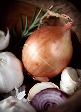 Whole fresh brown onion with garlic cloves and a slice of red onion in an old wooden kitchen container for use as ingredients in cookingの写真素材