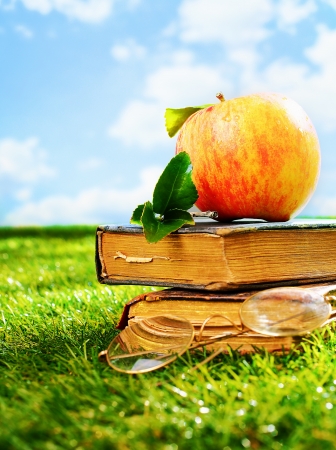 Two old grunge vintage leather books with a pair of retro spectacles and an apple lying in a green grassy field in summer sunshine, conceptual imageの写真素材