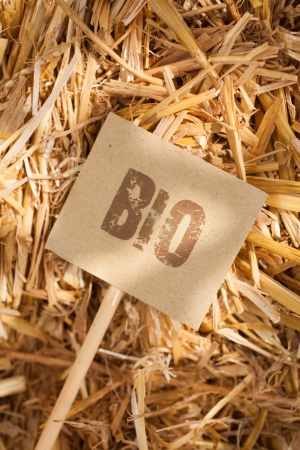 Rustic vertical close-up of a "bio" tag on strawの写真素材