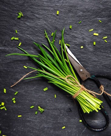 Chopping a bunch of fresh chives with scissors on a slate kitchen counter as a garnish and salad ingredient, high angle viewの写真素材