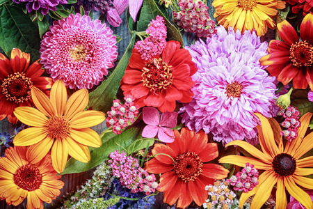 Festive vibrant floral background with a large arrangement of colorful summer flowers in rainbow colors including dahlias and gerbera daisies for celebrating a special occasion or holiday