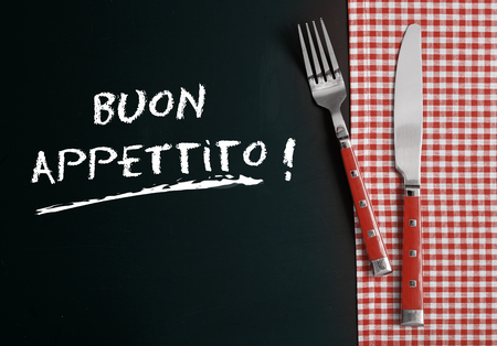 Close up Silverware on Red White Checkered Table Cloth at Buon Appettitoの写真素材
