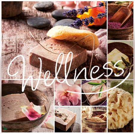 Wellness collage of various natural soaps from plant extracts and essential oils with natural marine sponges and massage stones at a spaの写真素材
