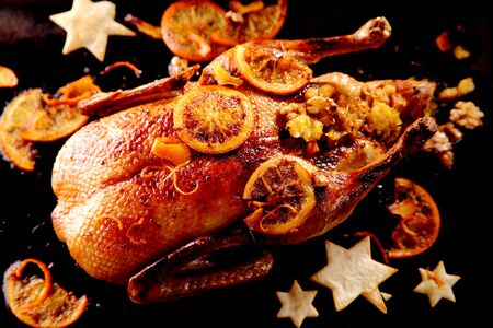 Traditional crispy marinated roasted Christmas turkey with tasty stuffing and orange garnish served with festive pastry stars, view from aboveの写真素材