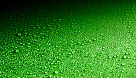Surface made from close up view of dew drops spread across a shiny green surfaceの写真素材