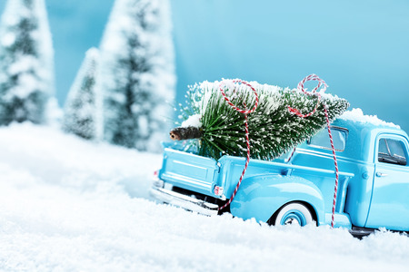 X mas tree truck in wintery landscapeの写真素材