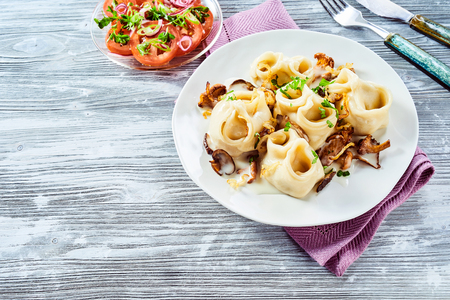 Serving of traditional manti pasta stuffed with spicy meat with a side dish of fresh tomato salad on a rustuc grey wood table with copy space for a menu presentationの写真素材
