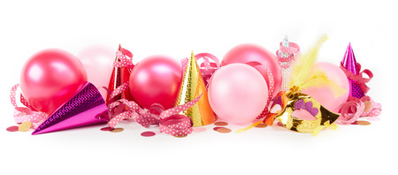 Colorful party or carnival banner with conical hats, balloons, streamers and decorations on whiteの写真素材