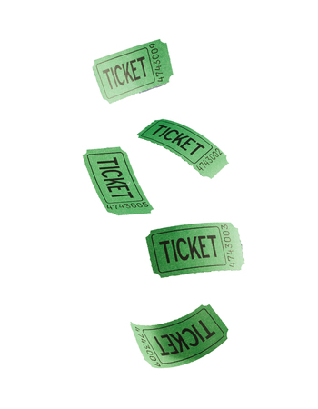Green flying tickets isolated against white backgroundの写真素材