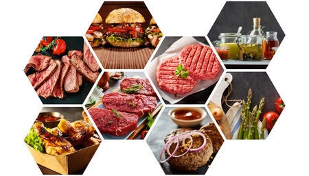 Hexagonal collage of assorted barbecue foods with raw and grilled beef steak, patties, hamburger, frikadelle meatballs, vegetables and condiments on a white backgroundの写真素材