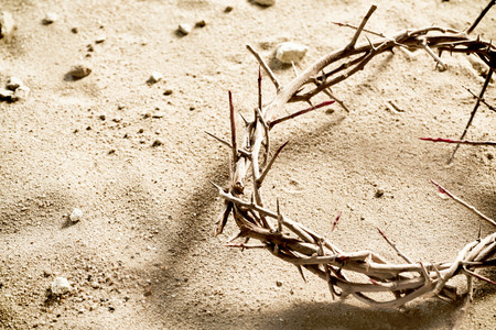 Circlet or Crown of Thorns on barren sand with copy space in a spiritual concept of the crucifixion...