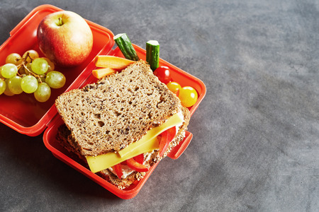 School lunch box with fresh healthy fruit, veggies and wholegrain cheese and tomato sandwich on a slate background with copy spaceの写真素材
