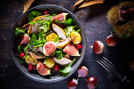 Autumn salad with pheasant breast, ripe juicy quartered figs and roasted sweet chestnuts with basil and spinach viewed from above on a dark background with shadowsの写真素材