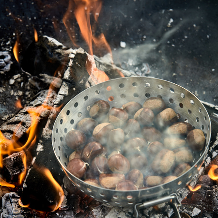 Batch of fresh autumn chestnuts in their shells sizzling over a hot fire in a metal roaster with smokeの写真素材