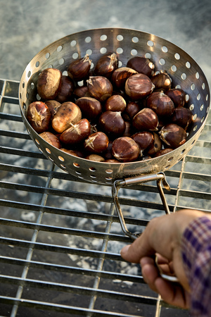 Man roasting fresh sweet chestnuts in their shells in a metal roaster over the hot coals of a barbecue fire in a first person POV with his handの写真素材
