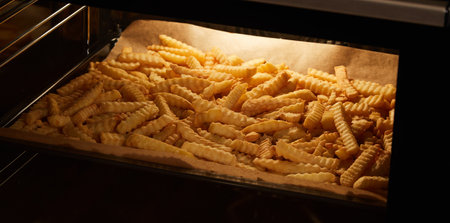 Bunch of tasty crinkle cut fries placed on tray with parchment inside hot ovenの写真素材