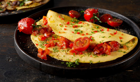 High angle of fresh tasty omelette with tomatoes and herbs on plate served on tableの写真素材