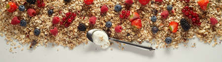 Top view of spoon with natural yogurt placed on scattered oat and various ripe berries on white...