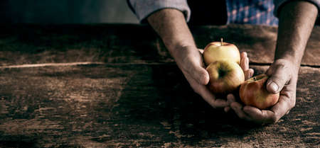 High angle of crop anonymous male farmer with ripe fresh apples at old wooden table in rustic...