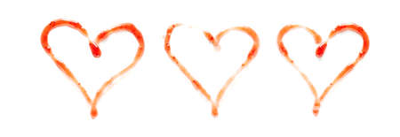 Row of three freehand drawn hearts in red berry jam, preserve or jelly over a white background in a panorama banner symbolic of love and romanceの写真素材