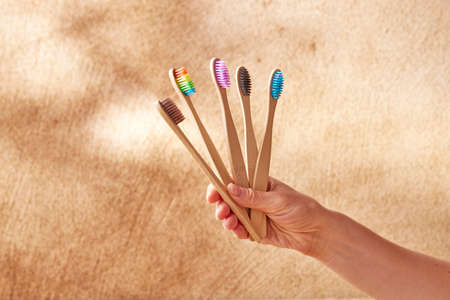 Anonymous female with set of assorted multicolored natural bamboo toothbrushes for eco friendly...