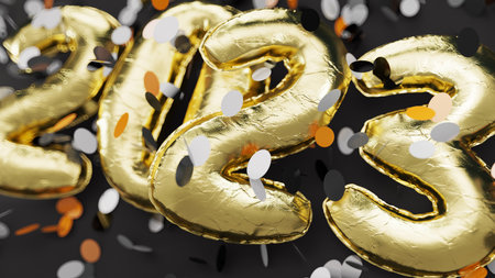 3D-Illustration of a Bunch of golden 2023 balloons floating under round confetti during New Year...