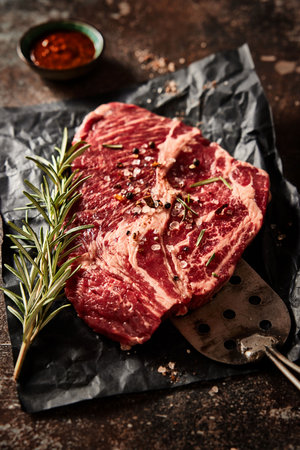 Raw steak close-up with pepper and salt and marinadeの写真素材
