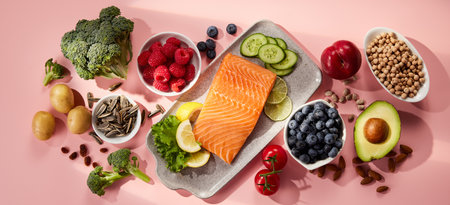 Top view of delicious salmon with sliced cucumbers and lemons served on plate near assorted...
