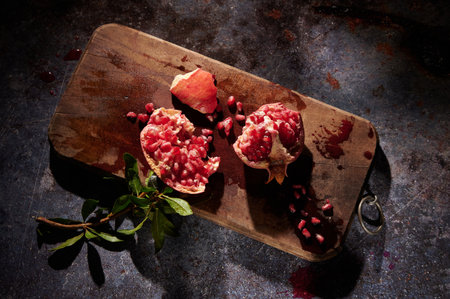 From above pieces of ripe red pomegranate with seeds placed on wooden chopping board on gray background in light kitchenの写真素材
