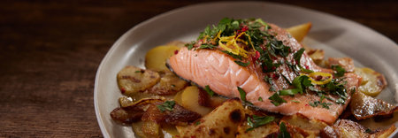 From above of delicious fish steak served with potato slices and sprinkled with fresh herbs placed on wooden tableの写真素材