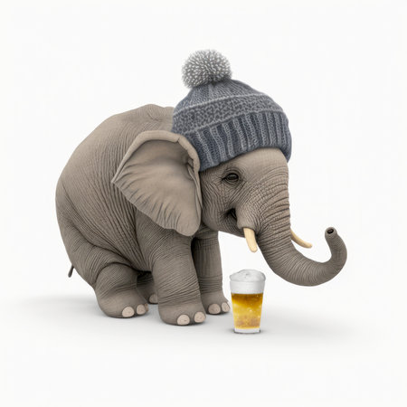 Generative AI illustration of cute gray realistic elephant wearing warm hat standing with glass of fresh beer against white backgroundの素材