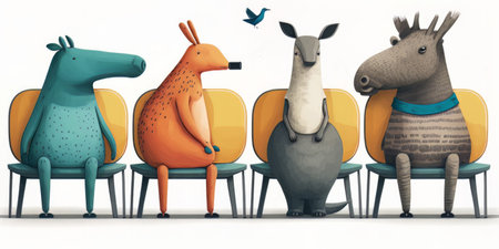 Generative AI illustration of various cartoon wild animals sitting on chairs in row against white background in Pediatrician waiting roomの素材